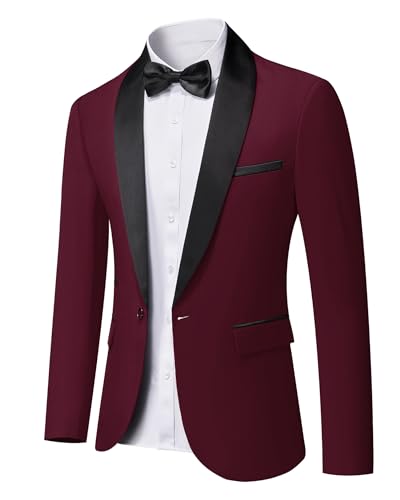 Men's Shawl Lapel One Button Blazer, Casual Lightweight Tux Slim Fit Jacket, Burgundy
