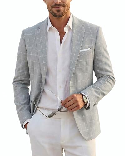 Men's Casual One Button Linen Suit Jacket, Slim Fit Sport Coat Lightweight Business Blazer, Light Grey