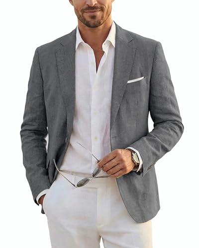 Men's Casual One Button Linen Suit Jacket, Slim Fit Sport Coat Lightweight Business Blazer, Deep Grey