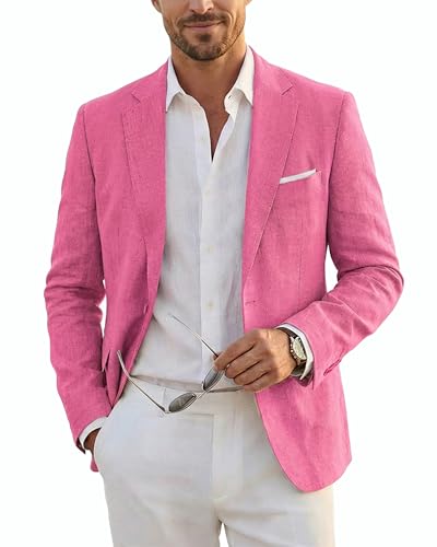 Men's Casual One Button Linen Suit Jacket, Slim Fit Sport Coat Lightweight Business Blazer, Fuchsia
