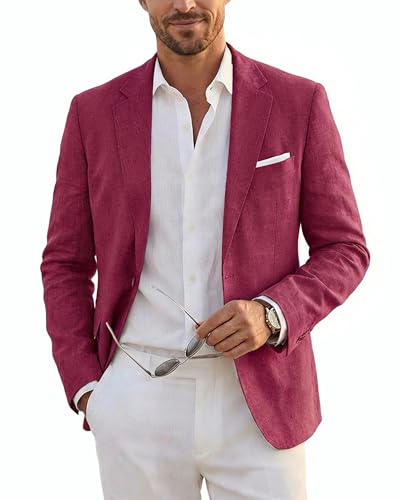 Men's Casual One Button Linen Suit Jacket, Slim Fit Sport Coat Lightweight Business Blazer, Burgundy