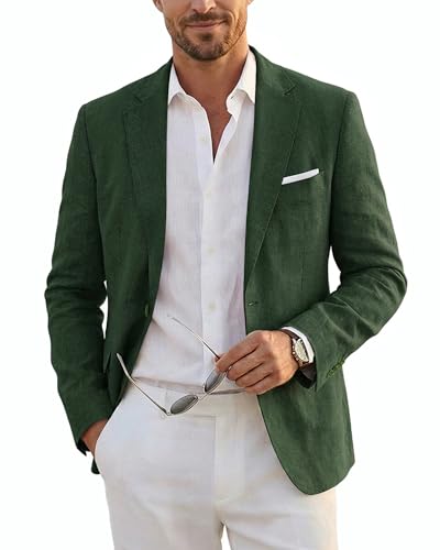 Men's Casual One Button Linen Suit Jacket, Slim Fit Sport Coat Lightweight Business Blazer, Deep Green