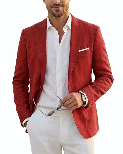 Men's Casual One Button Linen Suit Jacket, Slim Fit Sport Coat Lightweight Business Blazer, Red