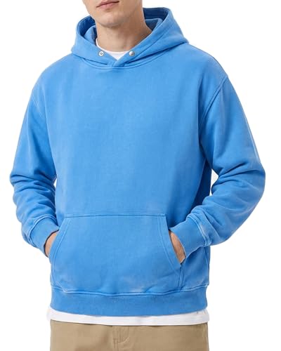 Mens Oversized Acid Wash Hoodie, Heavyweight Vintage Pullover for Winter, Blue