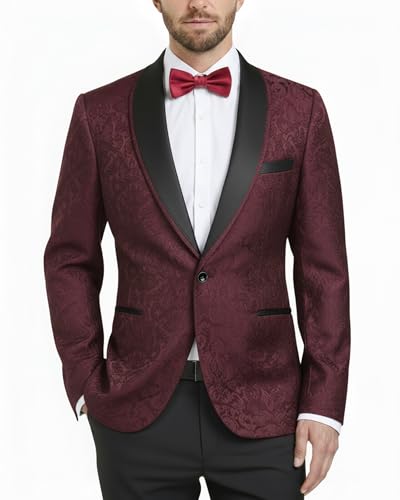 Men's Floral Tuxedo Suit Jacket, Slim Fit Paisley Blazer, Burgundy