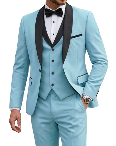 Men's 3 Piece Tuxedo Set with Tie, Shawl Lapel Suit Blazer Vest Pants, Sky Blue