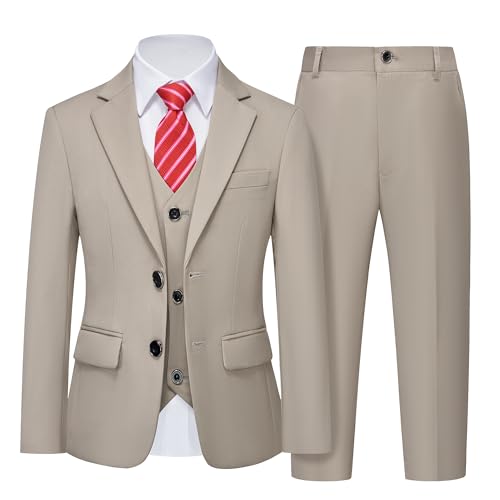 Boys 5 Piece Slim Fit Suit Set, Solid Formal Dresswear of Jacket Vest Pants Shirt and Tie, Beige