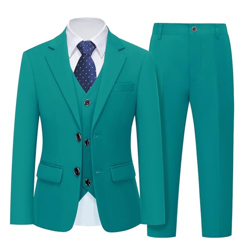 Boys 5 Piece Slim Fit Suit Set, Solid Formal Dresswear of Jacket Vest Pants Shirt and Tie, Green