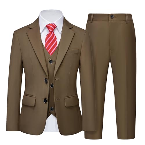 Boys 5 Piece Slim Fit Suit Set, Solid Formal Dresswear of Jacket Vest Pants Shirt and Tie, Khaki