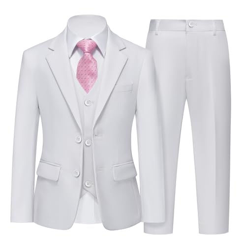 Boys 5 Piece Slim Fit Suit Set, Solid Formal Dresswear of Jacket Vest Pants Shirt and Tie, White