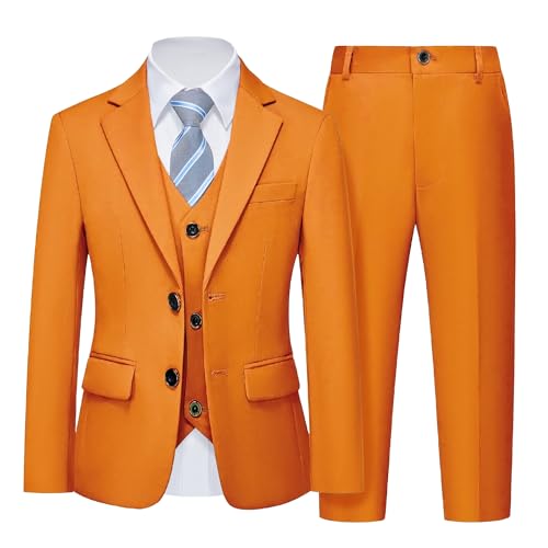Boys 5 Piece Slim Fit Suit Set, Solid Formal Dresswear of Jacket Vest Pants Shirt and Tie, Orange