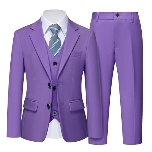 Boys 5 Piece Slim Fit Suit Set, Solid Formal Dresswear of Jacket Vest Pants Shirt and Tie, Purple