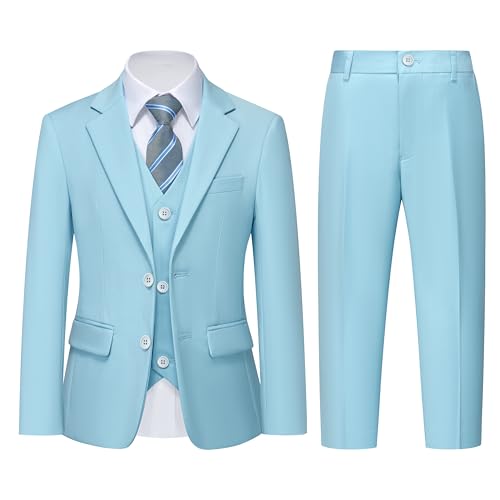Boys 5 Piece Slim Fit Suit Set, Solid Formal Dresswear of Jacket Vest Pants Shirt and Tie, Sky Blue