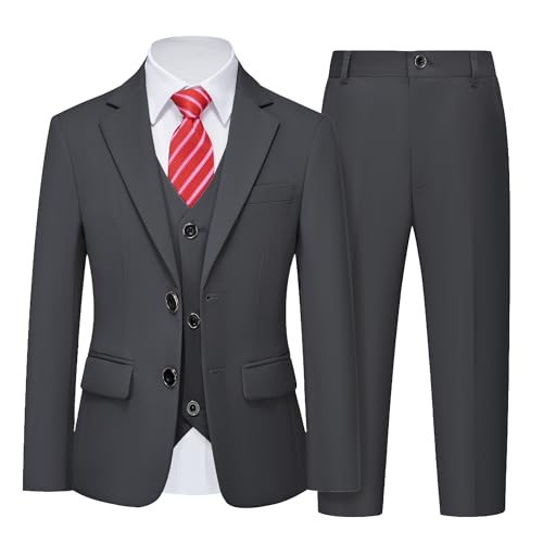 Boys 5 Piece Slim Fit Suit Set, Solid Formal Dresswear of Jacket Vest Pants Shirt and Tie, Deep Grey