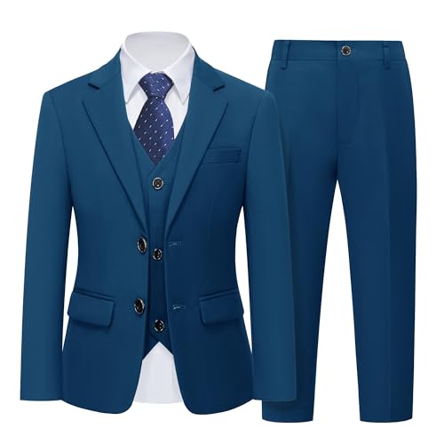 Boys 5 Piece Slim Fit Suit Set, Solid Formal Dresswear of Jacket Vest Pants Shirt and Tie, Light Blue