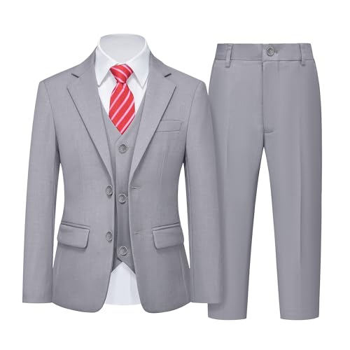 Boys 5 Piece Slim Fit Suit Set, Solid Formal Dresswear of Jacket Vest Pants Shirt and Tie, Light Grey