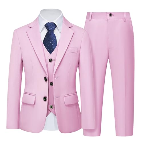 Boys 5 Piece Slim Fit Suit Set, Solid Formal Dresswear of Jacket Vest Pants Shirt and Tie Pink, Light Pink