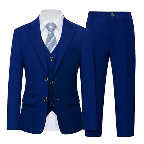 Boys 5 Piece Slim Fit Suit Set, Solid Formal Dresswear of Jacket Vest Pants Shirt and Tie, Royal Blue