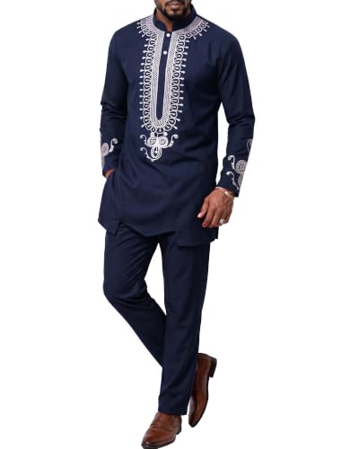 Men's 2 Piece Dashiki Set African Long Sleeve Shirt and Pants, Retro Afro Outfit with Tribal Gold Print, Traditional Suit for Weddings and Ceremonies, 46, Navy with Silver (46)