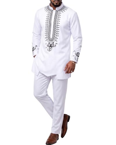 Men's 2 Piece Dashiki Set African Long Sleeve Shirt and Pants, Retro Afro Outfit with Tribal Gold Print, Traditional Suit for Weddings and Ceremonies, 46, White with Black (46)