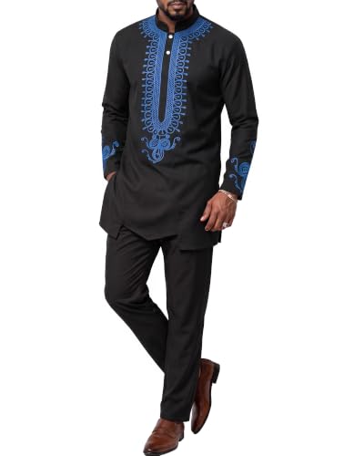 Men's 2 Piece Dashiki Set African Long Sleeve Shirt and Pants, Retro Afro Outfit with Tribal Gold Print, Traditional Suit for Weddings and Ceremonies, 46, Black with Blue (46)