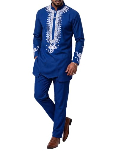 Men's 2 Piece Dashiki Set African Long Sleeve Shirt and Pants, Retro Afro Outfit with Tribal Gold Print, Traditional Suit for Weddings and Ceremonies, 46, Blue with White (46)