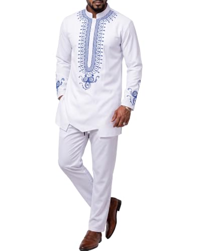 Men's 2 Piece Dashiki Set African Long Sleeve Shirt and Pants, Retro Afro Outfit with Tribal Gold Print, Traditional Suit for Weddings and Ceremonies, 46, White with Blue (46)