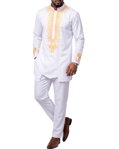 Men's 2 Piece Dashiki Set African Long Sleeve Shirt and Pants, Retro Afro Outfit with Tribal Gold Print, Traditional Suit for Weddings and Ceremonies, 46, White with Gold (46)