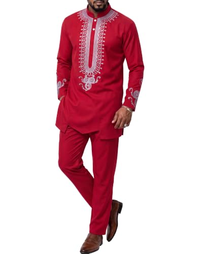 Men's 2 Piece Dashiki Set African Long Sleeve Shirt and Pants, Retro Afro Outfit with Tribal Gold Print, Traditional Suit for Weddings and Ceremonies, 46, Red with Silver (46)