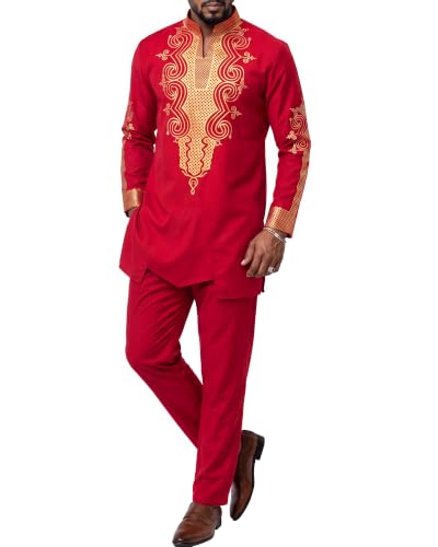 Men's 2 Piece Dashiki Set Long Sleeve African Outfit and Pants, Traditional Afro Suit with Classic Gold Print, Tribal Pattern Shirt for Weddings and Parties, 49, Red with Gold (49)