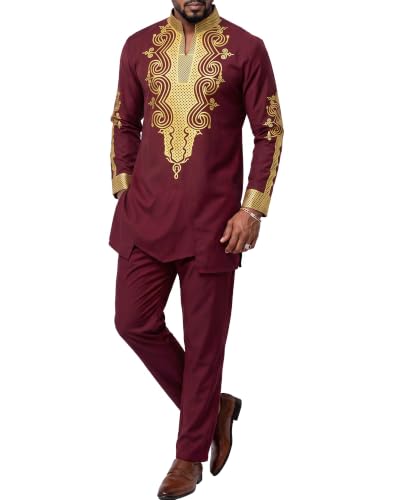 Men's 2 Piece Dashiki Set Long Sleeve African Outfit and Pants, Traditional Afro Suit with Classic Gold Print, Tribal Pattern Shirt for Weddings and Parties, 49, Burgundy with Gold (49)