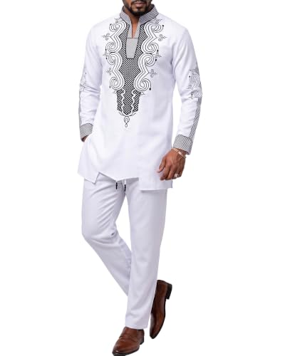 Men's 2 Piece Dashiki Set Long Sleeve African Outfit and Pants, Traditional Afro Suit with Classic Gold Print, Tribal Pattern Shirt for Weddings and Parties, 49, White with Black (49)