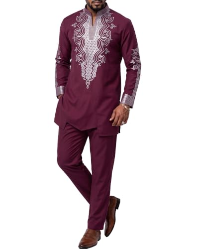 Men's 2 Piece Dashiki Set Long Sleeve African Outfit and Pants, Traditional Afro Suit with Classic Gold Print, Tribal Pattern Shirt for Weddings and Parties, 49, Burgundy with Silver (49)