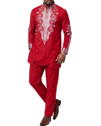 Men's 2 Piece Dashiki Set Long Sleeve African Outfit and Pants, Traditional Afro Suit with Classic Gold Print, Tribal Pattern Shirt for Weddings and Parties, 49, Red with Silver (49)