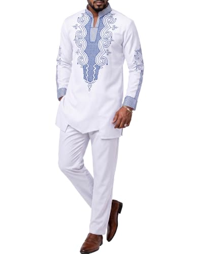 Men's 2 Piece Dashiki Set Long Sleeve African Outfit and Pants, Traditional Afro Suit with Classic Gold Print, Tribal Pattern Shirt for Weddings and Parties, 49, White with Blue (49)