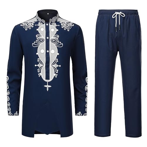 Men's 2 Piece Dashiki Set Long Sleeve African Shirt and Pants, Traditional Afro Outfit with Classic Gold Print, Tribal Pattern Suit for Weddings and Parties, 48, Navy with Silver (48)