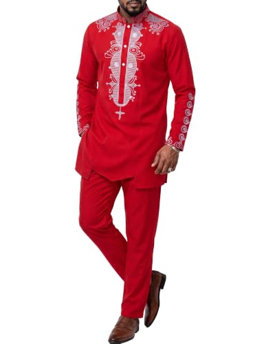 Men's 2 Piece Dashiki Set Long Sleeve African Shirt and Pants, Traditional Afro Outfit with Classic Gold Print, Tribal Pattern Suit for Weddings and Parties, 48, Red with Silver (48)