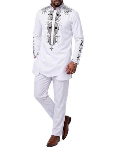 Men's 2 Piece Dashiki Set Long Sleeve African Shirt and Pants, Traditional Afro Outfit with Classic Gold Print, Tribal Pattern Suit for Weddings and Parties, 48, White with Black (48)