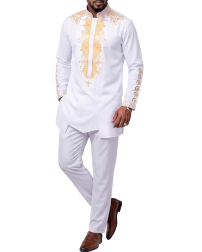 Men's 2 Piece Dashiki Set Long Sleeve African Shirt and Pants, Traditional Afro Outfit with Classic Gold Print, Tribal Pattern Suit for Weddings and Parties, 48, White with Gold (48)