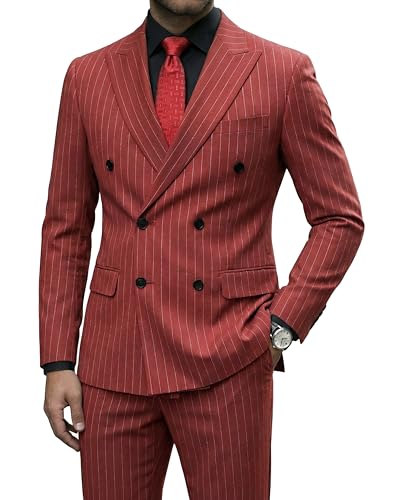 Men's 2 Piece Double-Breasted Suit, Slim Fit Stripe Tuxedo Set with Tie, Party Wedding Dress Blazer, Tux and Trousers, Brick Red