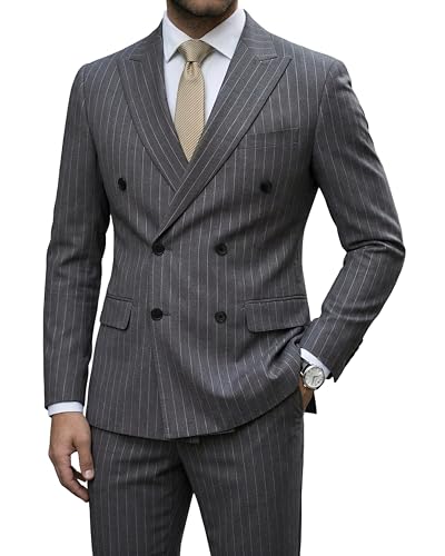 Men's 2 Piece Double-Breasted Suit, Slim Fit Stripe Tuxedo Set with Tie, Party Wedding Dress Blazer, Tux and Trousers, Deep Grey