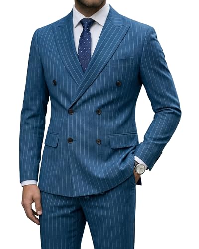 Men's 2 Piece Double-Breasted Suit, Slim Fit Stripe Tuxedo Set with Tie, Party Wedding Dress Blazer, Tux and Trousers, Light Blue