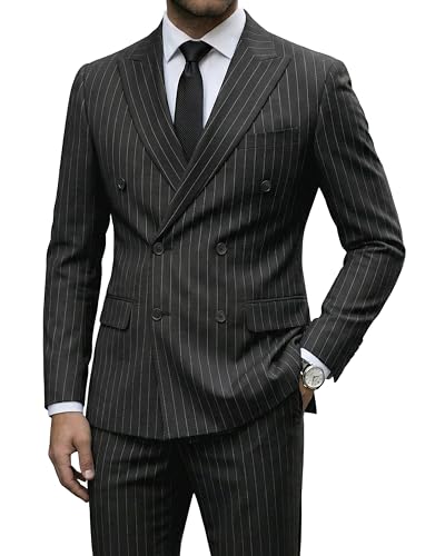 Men's 2 Piece Double-Breasted Suit, Slim Fit Stripe Tuxedo Set with Tie, Party Wedding Dress Blazer, Tux and Trousers, Black