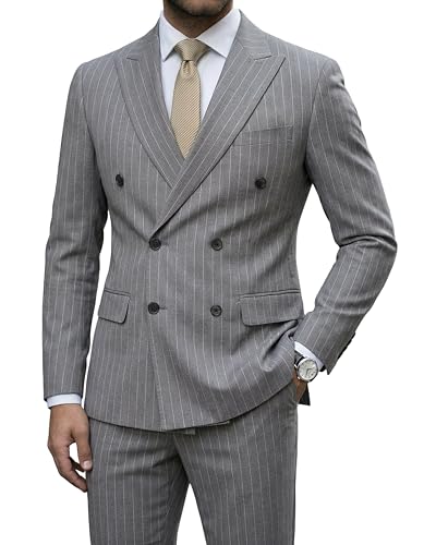 Men's 2 Piece Double-Breasted Suit, Slim Fit Stripe Tuxedo Set with Tie, Party Wedding Dress Blazer, Tux and Trousers, Grey