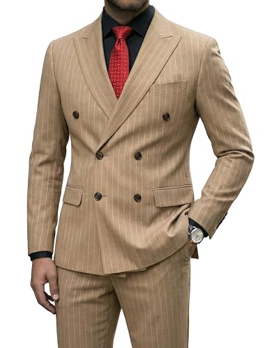 Men's 2 Piece Double-Breasted Suit, Slim Fit Stripe Tuxedo Set with Tie, Party Wedding Dress Blazer, Tux and Trousers, Khaki