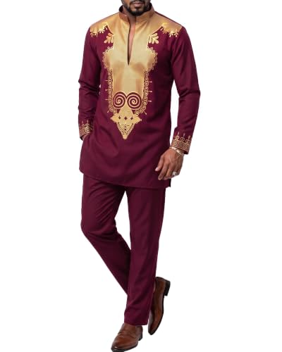 Men's 2 Piece Set African Long Sleeve Dashiki Shirt and Pants, Traditional Pattern Outfit with Classic Gold Print, Tribal Afro Suit for Weddings and Parties, 37, Burgundy with Gold (37)