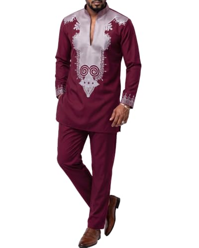 Men's 2 Piece Set African Long Sleeve Dashiki Shirt and Pants, Traditional Pattern Outfit with Classic Gold Print, Tribal Afro Suit for Weddings and Parties, 37, Burgundy with Silver (37)