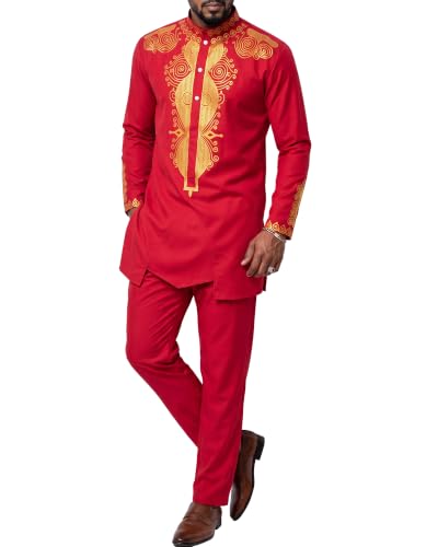 Men's 2 Piece Set African Long Sleeve Dashiki Shirt and Pants, Traditional Afro Outfit with Retro Gold Print, Tribal Pattern Suit for Weddings and Ceremonies, 01, Red with Gold (01)