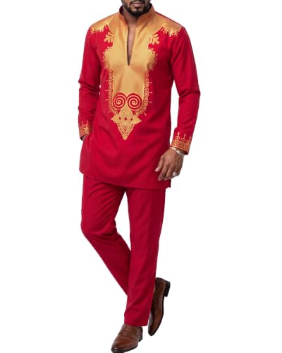 Men's 2 Piece Set African Long Sleeve Dashiki Shirt and Pants, Traditional Pattern Outfit with Classic Gold Print, Tribal Afro Suit for Weddings and Parties, 37, Red with Gold (37)