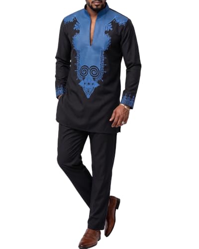 Men's 2 Piece Set African Long Sleeve Dashiki Shirt and Pants, Traditional Pattern Outfit with Classic Gold Print, Tribal Afro Suit for Weddings and Parties, 37, Black with Blue (37)